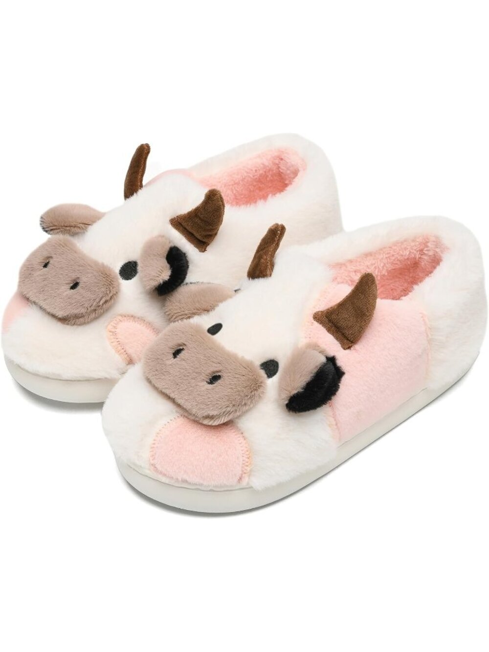 Women's White Pink 1 Fluffy Cute Cozy Cartoon Fuzzy Cow Polyester Indoor Slipper